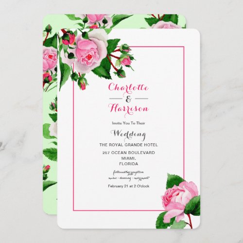 Elegant Blush Pink Green Floral Roses Wedding Invitation