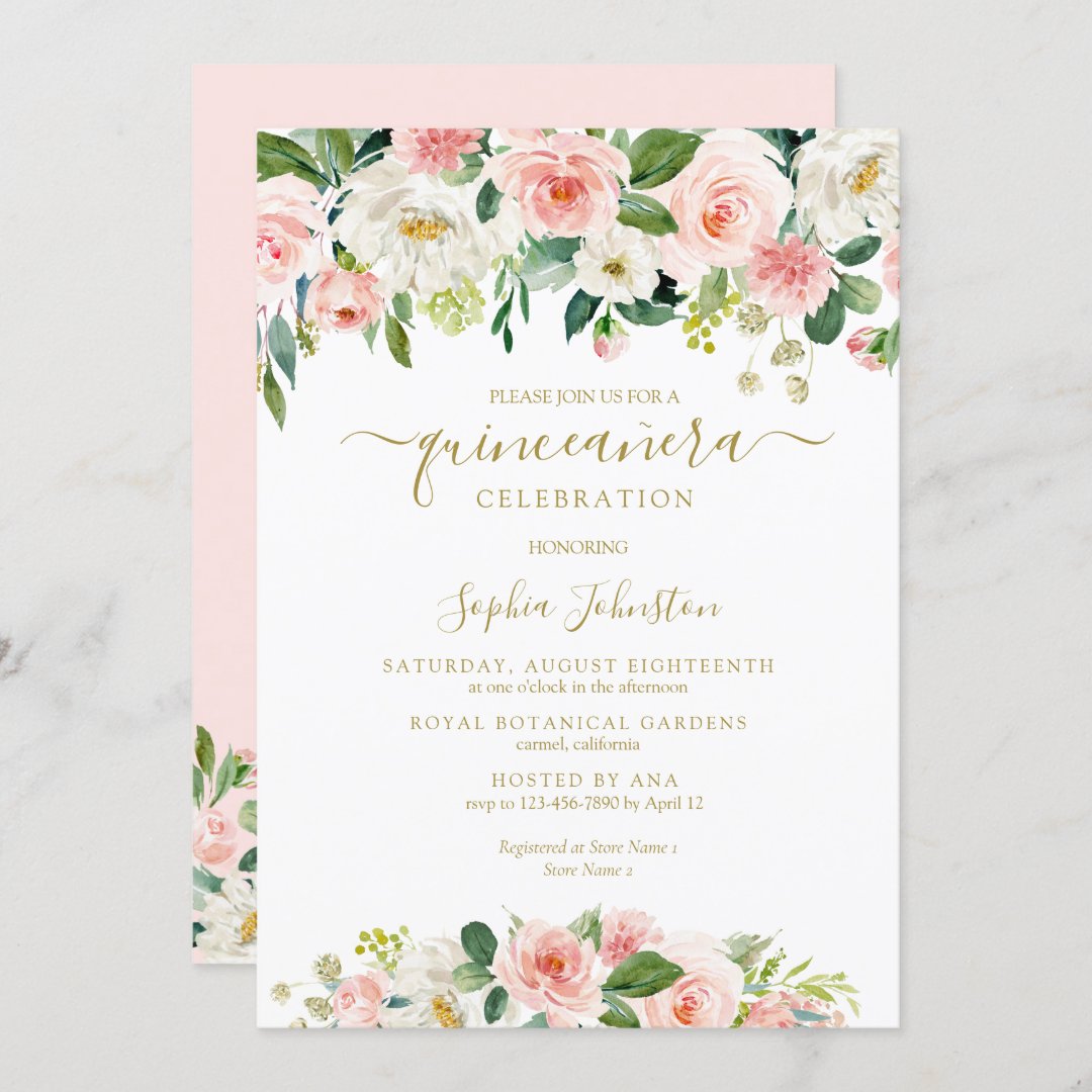 Elegant Blush Pink Green Gold Floral Quinceañera Invitation | Zazzle