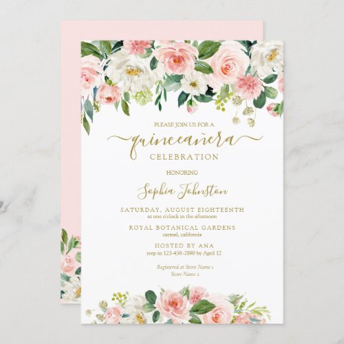 Elegant Blush Pink Green Gold Floral Quinceañera Invitation - Elegant and modern floral Quinceañera invitation features a bouquet of soft pastel watercolor roses, peonies in shades of blush pink, green and ivory, with lush green botanical leaves and foliage. Personalize with your Quinceañera birthday party invitation details in elegant gold lettering accented with handwritten style calligraphy. Perfect for a princess celebrating her 15th birthday!