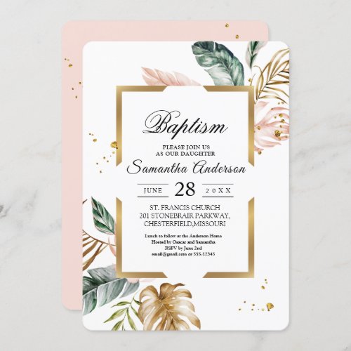 Elegant Blush Pink Green Gold Leaves  Gold Drops  Invitation