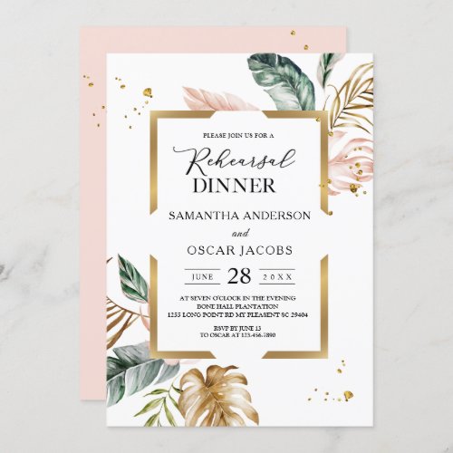 Elegant Blush Pink Green Gold Leaves  Gold Drops  Invitation