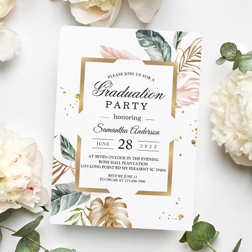 Elegant Blush Pink Green Gold Leaves  Gold Drops  Invitation