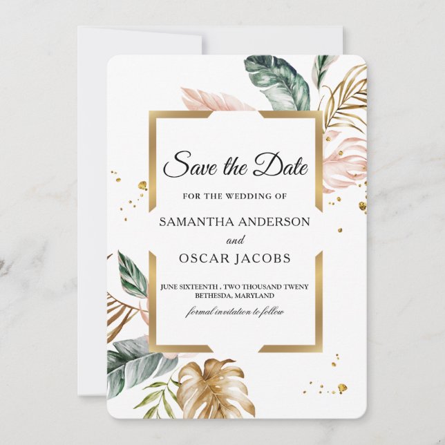 Elegant Blush Pink Green Gold Leaves | Gold Drops  Save The Date (Front)