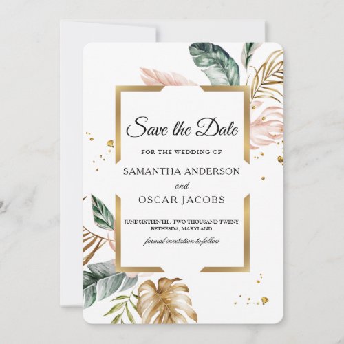 Elegant Blush Pink Green Gold Leaves  Gold Drops  Save The Date