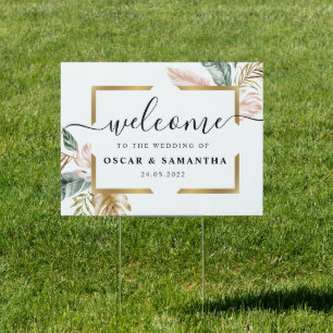 Elegant Blush Pink Green Gold Leaves Gold Drops Sign