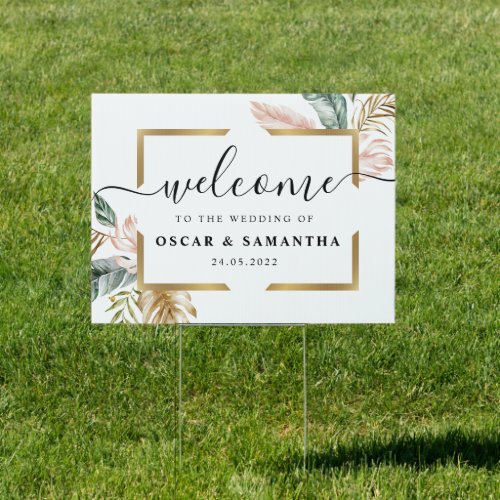 Elegant Blush Pink Green Gold Leaves  Gold Drops  Sign