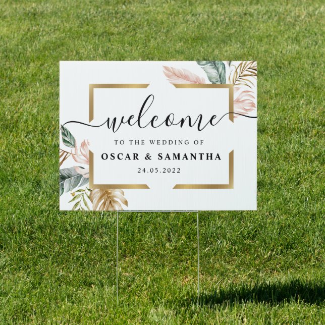 Elegant Blush Pink Green Gold Leaves | Gold Drops  Sign (Insitu)