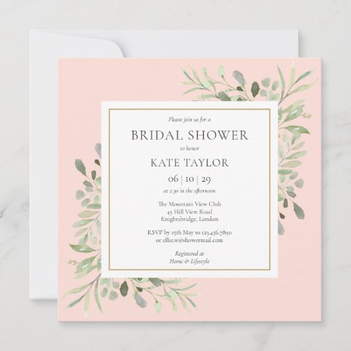 Elegant Blush Pink Greenery Bridal Shower Invitation - Featuring delicate watercolor leaves on a blush pink background, this chic bridal shower invitation can be personalized with your special bridal shower details. Designed by Thisisnotme©