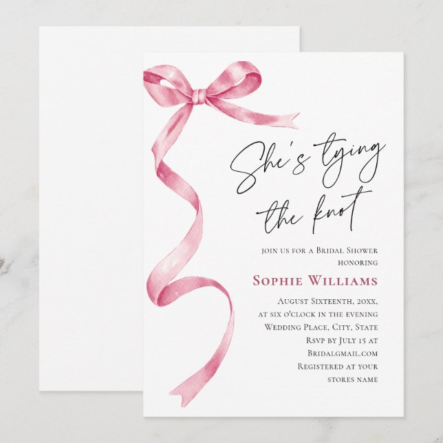 Elegant Blush Pink Hand Drawn Bow Bridal Shower Invitation (Front/Back)
