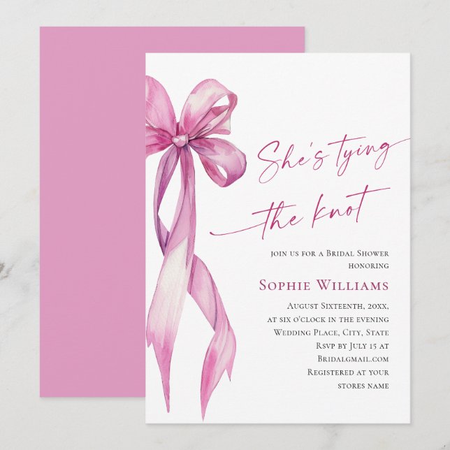 Elegant Blush Pink Hand Drawn Bow Bridal Shower Invitation (Front/Back)