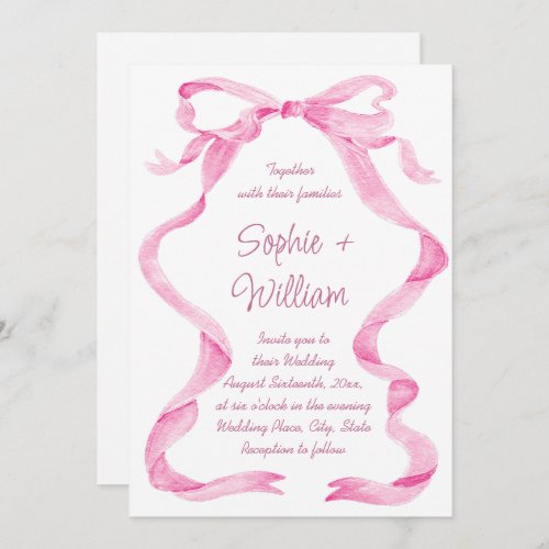 Elegant Blush Pink Hand Drawn Bow Wedding Invitation