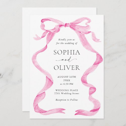 Elegant Blush Pink Hand Drawn Bow Wedding Invitation