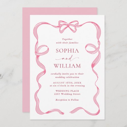 Elegant Blush Pink Hand Drawn Bow Wedding Invitation