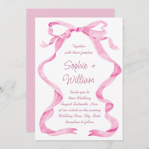 Elegant Blush Pink Hand Drawn Bow Wedding Invitation