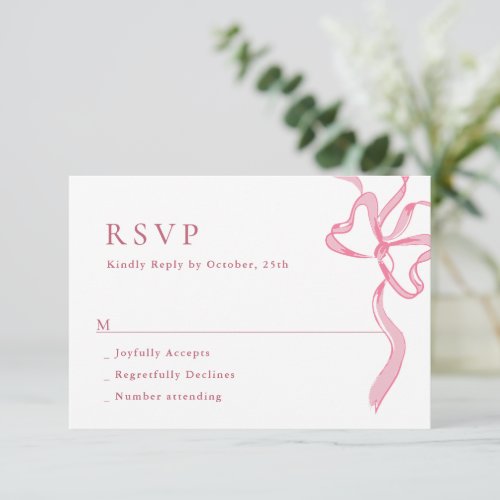 Elegant Blush Pink Hand Drawn Bow Wedding RSVP Card