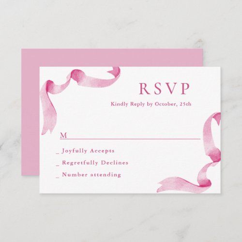 Elegant Blush Pink Hand Drawn Bow Wedding RSVP Card