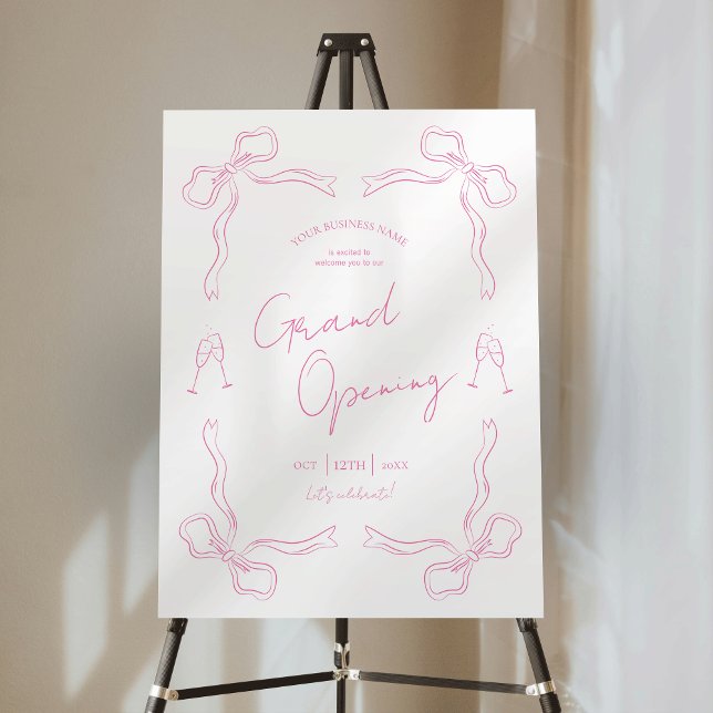 Elegant Blush Pink Hand Drawn Grand Opening Sign (Business grand opening event sign with hand drawn pink bows and trendy script font on white backdrop)