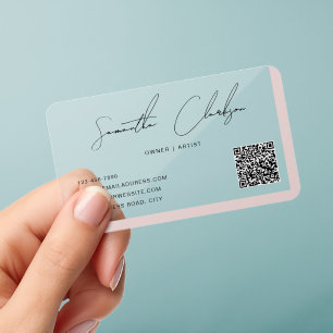 Elegant Blush Pink Handwritten Script QR Code Clear Business Cards