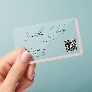 Elegant Blush Pink Handwritten Script QR Code Clear Business Cards