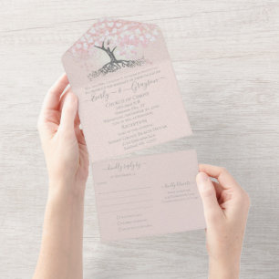 Elegant Blush Pink Heart Leaf Tree Wedding All In All In One Invitation