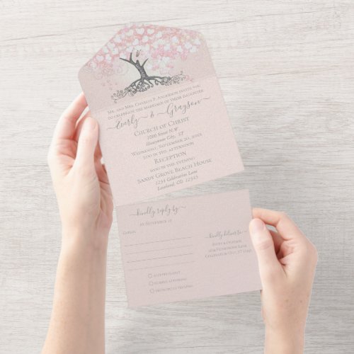 Elegant Blush Pink Heart Leaf Tree Wedding All In All In One Invitation