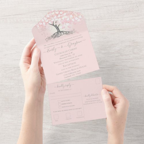 Elegant Blush Pink Heart Leaf Tree Wedding All In All In One Invitation