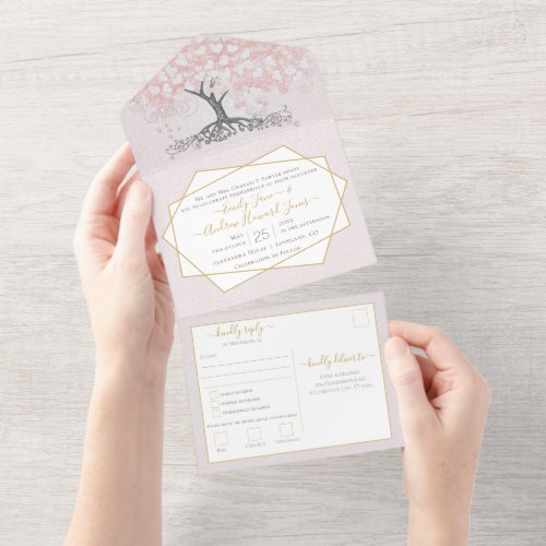 Elegant Blush Pink Heart Leaf Tree Wedding All In One Invitation