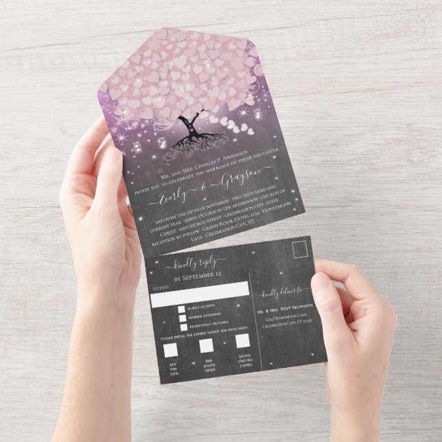 Elegant Blush Pink Heart Leaf Tree Wedding All In One Invitation (Tearaway)