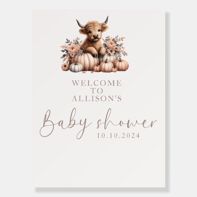 Elegant blush pink Highland Cow Baby Shower Sign (Front)