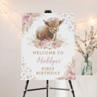 Elegant Blush Pink Highland Cow Birthday Welcome