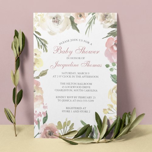 Elegant Blush Pink Ivory Floral Baby Girl Shower Invitation