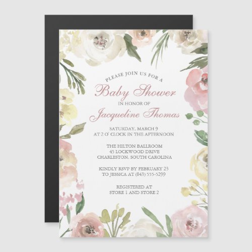 Elegant Blush Pink Ivory Floral Baby Girl Shower Magnetic Invitation