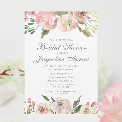 Elegant Blush Pink Ivory Floral Bridal Shower Invitation