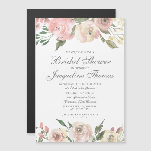 Elegant Blush Pink Ivory Floral Bridal Shower Magnetic Invitation