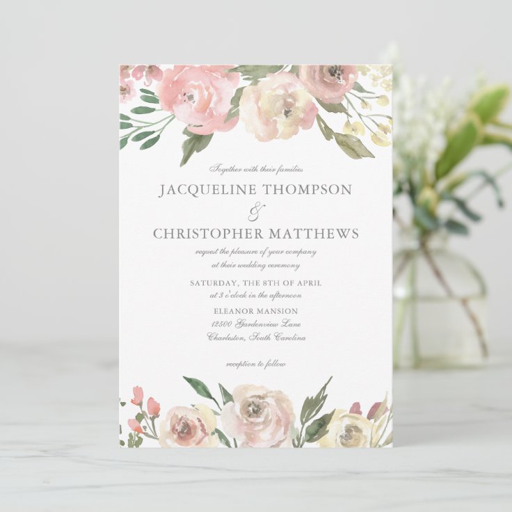 Elegant Blush Pink Ivory Floral Garden Wedding Invitation | Zazzle