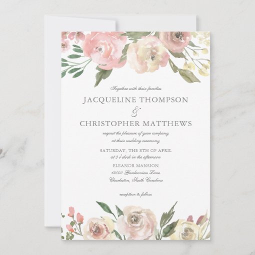 Elegant Blush Pink Ivory Floral Garden Wedding Invitation | Zazzle