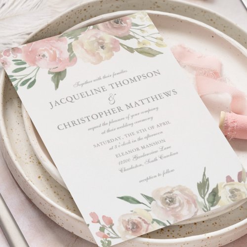 Elegant Blush Pink Ivory Floral Garden Wedding Invitation