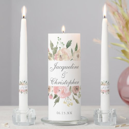 Elegant Blush Pink Ivory Floral Monogram Wedding Unity Candle Set