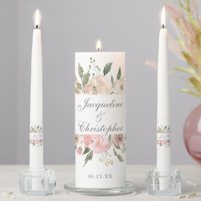 Elegant Blush Pink Ivory Floral Monogram Wedding Unity Candle Set (In Situ)
