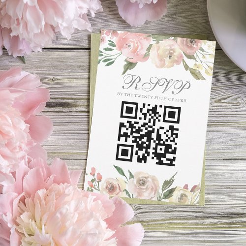 Elegant Blush Pink Ivory Floral QR Code Wedding RSVP Card