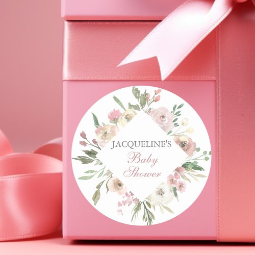 Elegant Blush Pink Ivory Floral Spring Baby Shower Classic Round Sticker