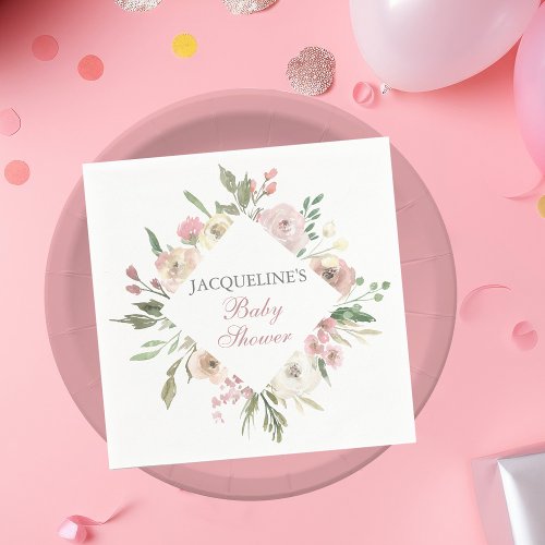 Elegant Blush Pink Ivory Floral Spring Baby Shower Napkins