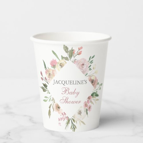 Elegant Blush Pink Ivory Floral Spring Baby Shower Paper Cups