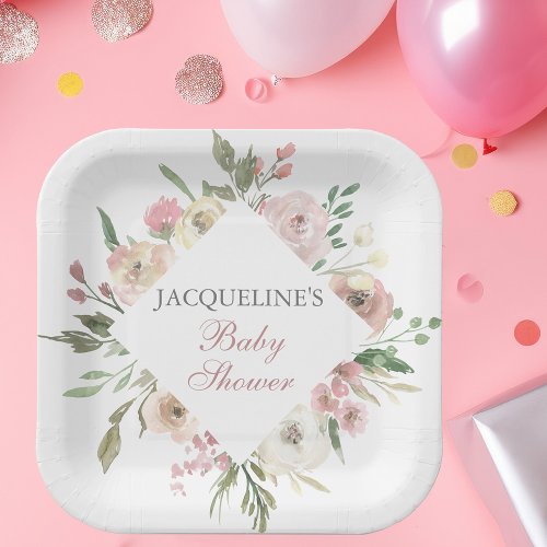 Elegant Blush Pink Ivory Floral Spring Baby Shower Paper Plates
