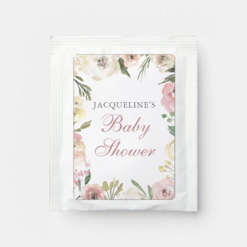 Elegant Blush Pink Ivory Floral Spring Baby Shower Tea Bag Drink Mix