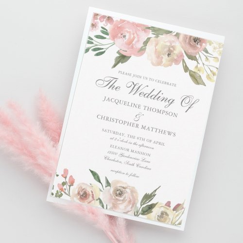 Elegant Blush Pink Ivory Floral Spring Wedding Invitation