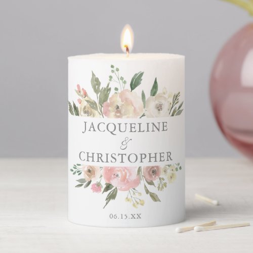 Elegant Blush Pink Ivory Floral Spring Wedding Pillar Candle