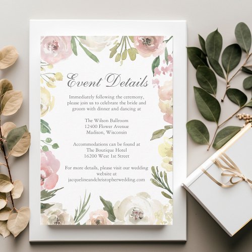 Elegant Blush Pink Ivory Floral Wedding Details Enclosure Card
