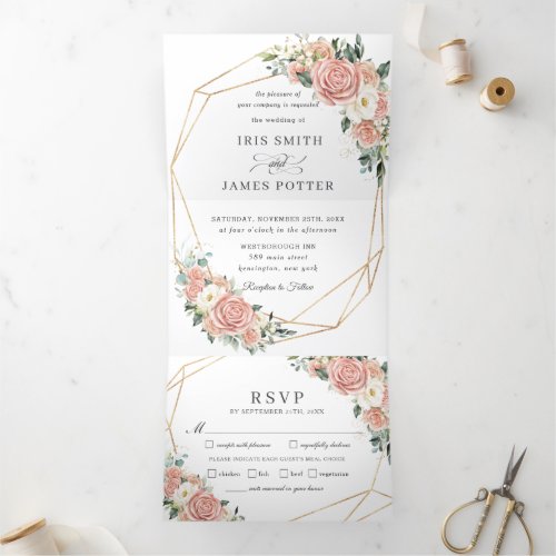 Elegant Blush Pink Ivory Floral Wedding RSVP  Tri_Fold Invitation