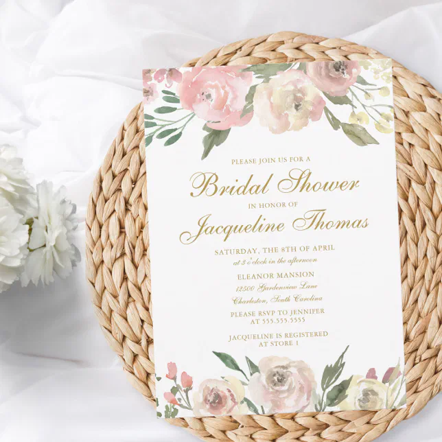 Elegant Blush Pink Ivory Gold Floral Bridal Shower Invitation Zazzle 4681